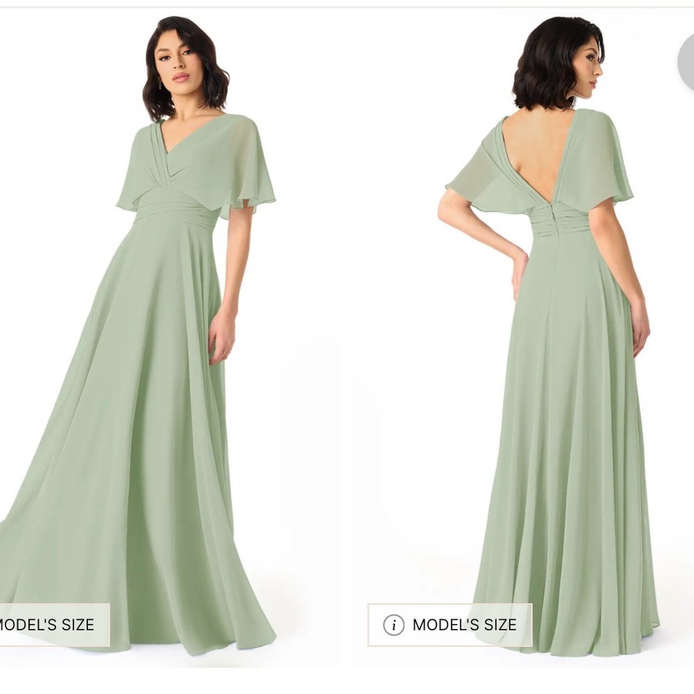 Azazie Pamela Dusty Sage Pleated Chiffon Dress. A-Line V-Neck